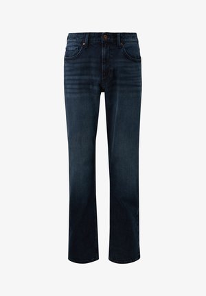 Granatowe dżinsy o prostym kroju, z pięcioma kieszeniami, miedzianymi nitami oraz klasycznym zapięciem na guzik.