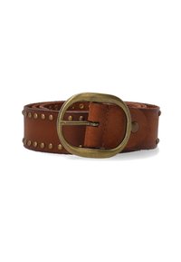 Brown leather belt with brass oval buckle, adorned with evenly spaced brass studs along the strap. Textured finish, classic design.