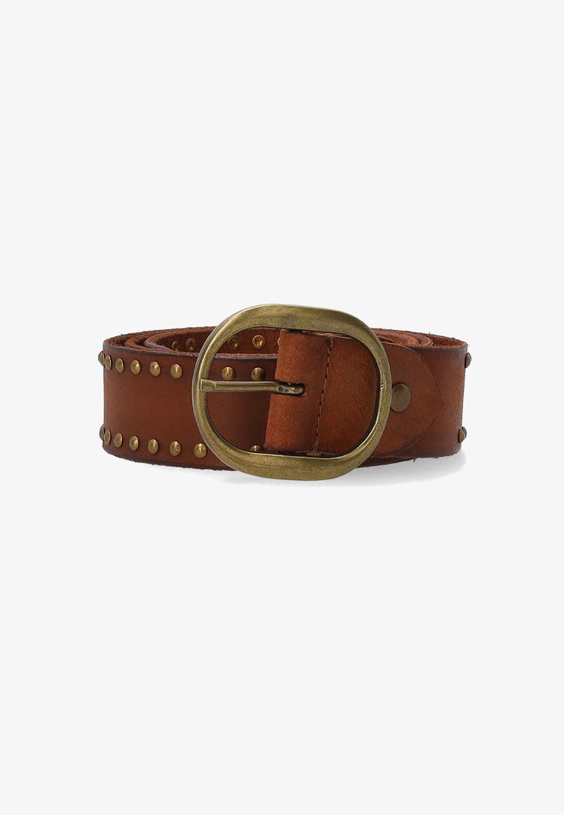Brown leather belt with brass oval buckle, adorned with evenly spaced brass studs along the strap. Textured finish, classic design.