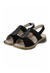 Sandali neri in suede con punta e tallone aperti, caratterizzati da un accento testurizzato nero sulla tomaia e una suola in gomma marrone chiaro.