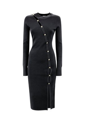 Abito nero in maglia con silhouette aderente, maniche lunghe e una chiusura a bottoni curvata decorata con bottoni in tonalità oro e un dettaglio unico lungo il bordo.
