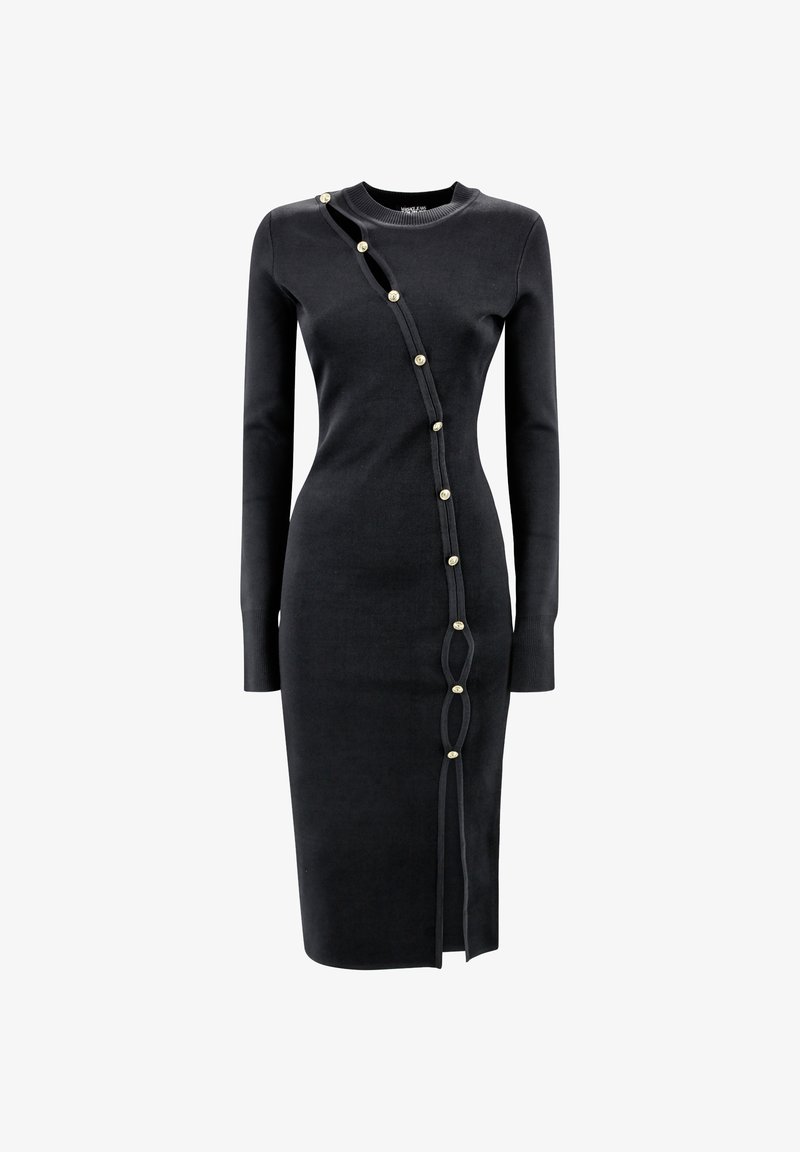Abito nero in maglia con silhouette aderente, maniche lunghe e una chiusura a bottoni curvata decorata con bottoni in tonalità oro e un dettaglio unico lungo il bordo.