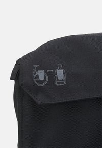 Mochila negra de tela con una solapa y dos iconos grises que indican su uso como bolsa de bicicleta y como mochila. Detalle de superficie texturizada visible.