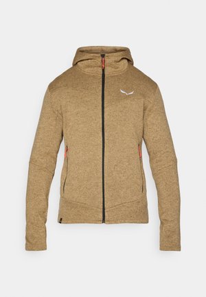 Sweatshirt de polar castanho com fecho de correr de comprimento total, dois bolsos laterais e capuz ajustável. Apresenta puxadores de zíper em laranja contrastante e um logótipo.