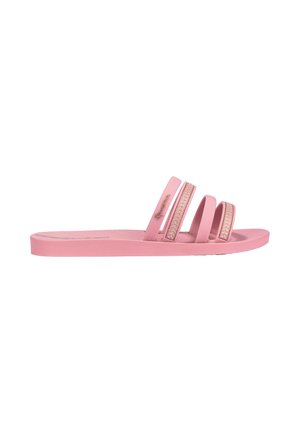 Pinkfarbene Slides-Sandale mit drei Riemen, zwei davon mit kleinen Strasssteinen verziert, flache Sohle und strukturiertes Fußbett.