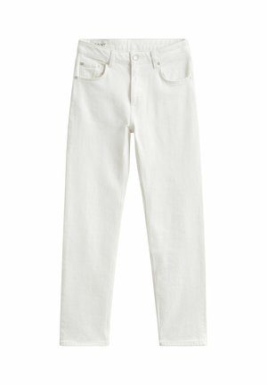 Jean blanc slim fit avec bouton frontal, fermeture éclair et design à cinq poches, présenté à plat sur un fond blanc.