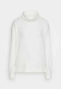 Gerippter weißer Rollkragenpullover mit langen Ärmeln, der eine weiche Textur und eine lockere Passform aufweist. Das Design hat einen hohen Kragen und breite Bündchen.