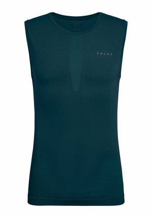 Ärmelloses Sportshirt in dunklem Petrol, gefertigt aus glattem, elastischem Stoff. Mit strukturierten Designelementen an den Seiten und Markennamen in Grau.