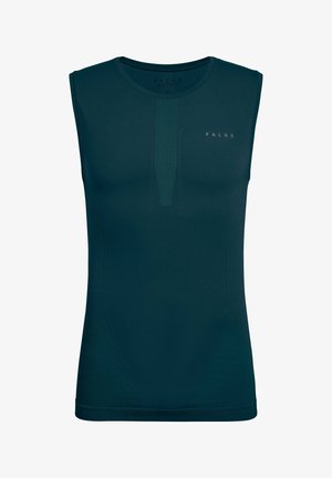 Maglietta atletica senza maniche in tonalità verde acqua scuro, realizzata in tessuto liscio e elasticizzato. Presenta dettagli con design testurizzato ai lati e il nome del marchio in grigio.