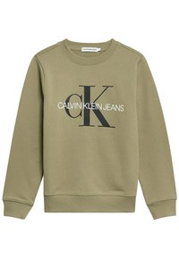 Oliwkowy sweatshirt z okrągłym dekoltem, ściągaczami przy rękawach i u dołu. Posiada czarne logo "CK" oraz "CALVIN KLEIN JEANS" w białym napisie.