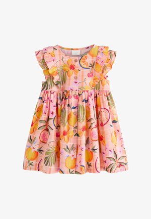 Vestido rosa de algodón con escote fruncido y estampado floral de frutas, con botones en la parte delantera y falda fruncida.