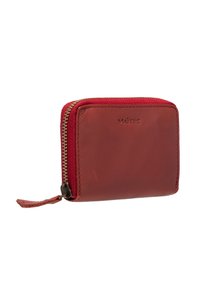 Red leather wallet with a zip closure, featuring a smooth surface and accent stitching. The brand name "MAÎTRE" is embossed on the front.