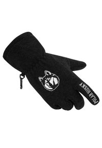 Schwarze Fleece-Handschuhe mit einem Husky-Motiv am Handgelenk und dem Text "Polar Husky" entlang des Bündchens; gestaltet mit einer flexiblen, warmen Struktur.
