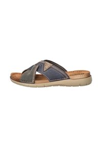 Slide sandal in dark blue and green leather with cross-strap design, textured accents, and a light tan rubber sole. Features cushioned footbed.