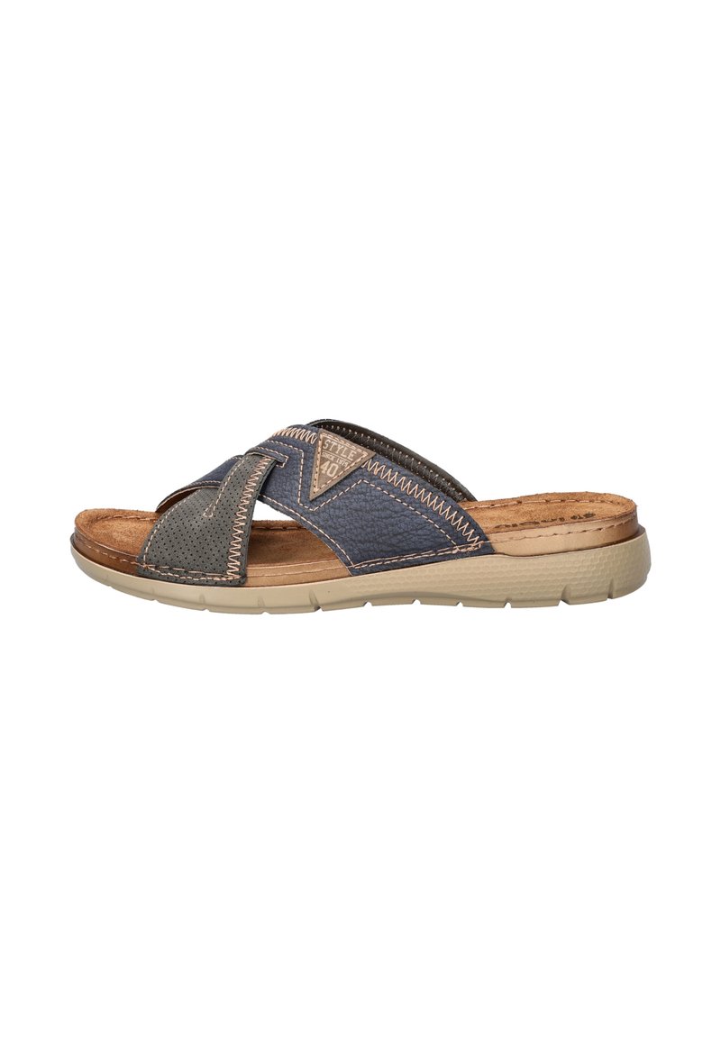 Slide sandal in dark blue and green leather with cross-strap design, textured accents, and a light tan rubber sole. Features cushioned footbed.