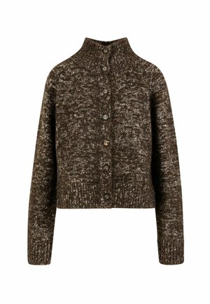 Cardigan en maille marron et gris tacheté avec manches longues, poignets côtelés, col montant et fermeture boutonnée sur le devant.