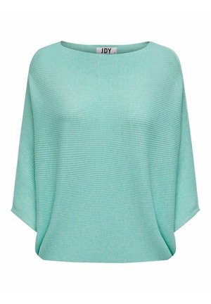 Pull en maille côtelée turquoise clair avec large encolure bateau et coupe ample, manches courtes papillon et étiquette "JDY" à l'intérieur du col.