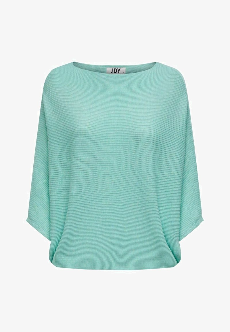 Pull en maille côtelée turquoise clair avec large encolure bateau et coupe ample, manches courtes papillon et étiquette "JDY" à l'intérieur du col.