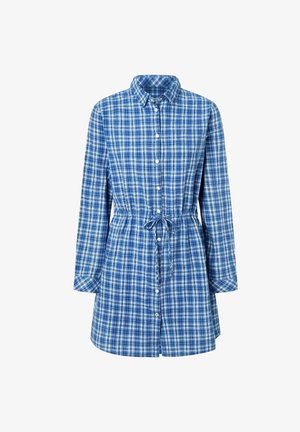 Blau-weißer Karomantel mit langen Ärmeln, Knopfleiste, Kragen und verstellbarem Taillengürtel. Aus atmungsaktivem Stoff gefertigt.