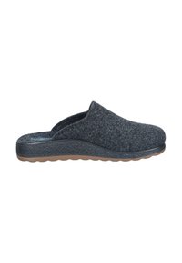Gray felt slipper with a rounded shape, open back, textured upper, and a durable rubber sole featuring a wavy pattern.