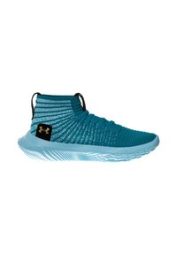 Scarpa da atletica blu acquamarina con colletto a maglia alto, tomaia testurizzata, dettagli neri e suola flessibile blu chiaro.