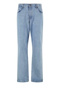 Light blue denim jeans with a straight-leg design, five-pocket styling, and a metal button closure. Smooth texture with subtle stitching details.