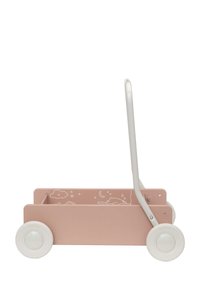 Pink træ skyder med hvide hjul og håndtag, der har subtile skyer og dyremotiver på siden. Glat tekstur, enkel form.