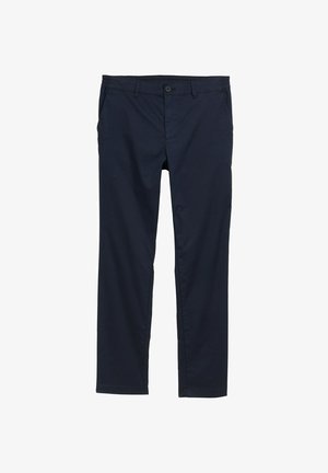 Pantalons légers bleu marine avec une texture lisse, coupe droite, fermeture à bouton et poches latérales.