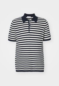 Polo tričko s krátkým rukávem, černobílé horizontální pruhy a černý límec a knoflíková léga.