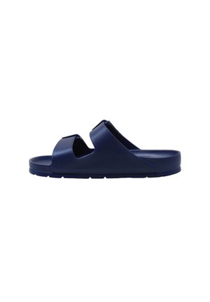 Sandalo a ciabatta blu navy con due cinturini regolabili e suola piatta, progettato per un uso casual e facile da indossare.