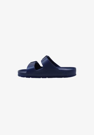 Sandalo a ciabatta blu navy con due cinturini regolabili e suola piatta, progettato per un uso casual e facile da indossare.