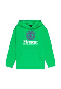 Zelená mikina s kapucňou vyrobená z bavlnenej zmesi, s predným kengurím vreckom, kapucňou na šnúrku a potlačeným logom s textom "Element" v bielej a fialovej farbe.