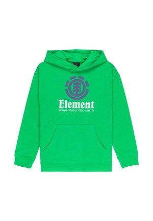 Felpa verde in cotone misto, con tasca a kangaroo frontale, cappuccio con lacci e logo stampato con testo "Element" in bianco e viola.
