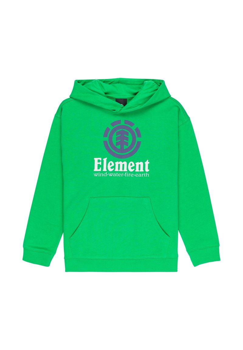 Zelená mikina s kapucňou vyrobená z bavlnenej zmesi, s predným kengurím vreckom, kapucňou na šnúrku a potlačeným logom s textom "Element" v bielej a fialovej farbe.