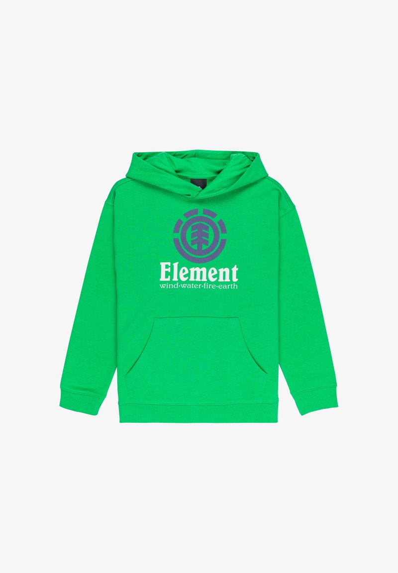 Felpa verde in cotone misto, con tasca a kangaroo frontale, cappuccio con lacci e logo stampato con testo "Element" in bianco e viola.