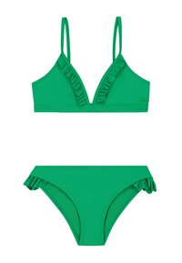 Zöld bikini szett, amelynek háromszög alakú melltartója fodros szélekkel és állítható pántokkal rendelkezik, valamint fodros szélekkel ellátott bikini alsóval párosítva.