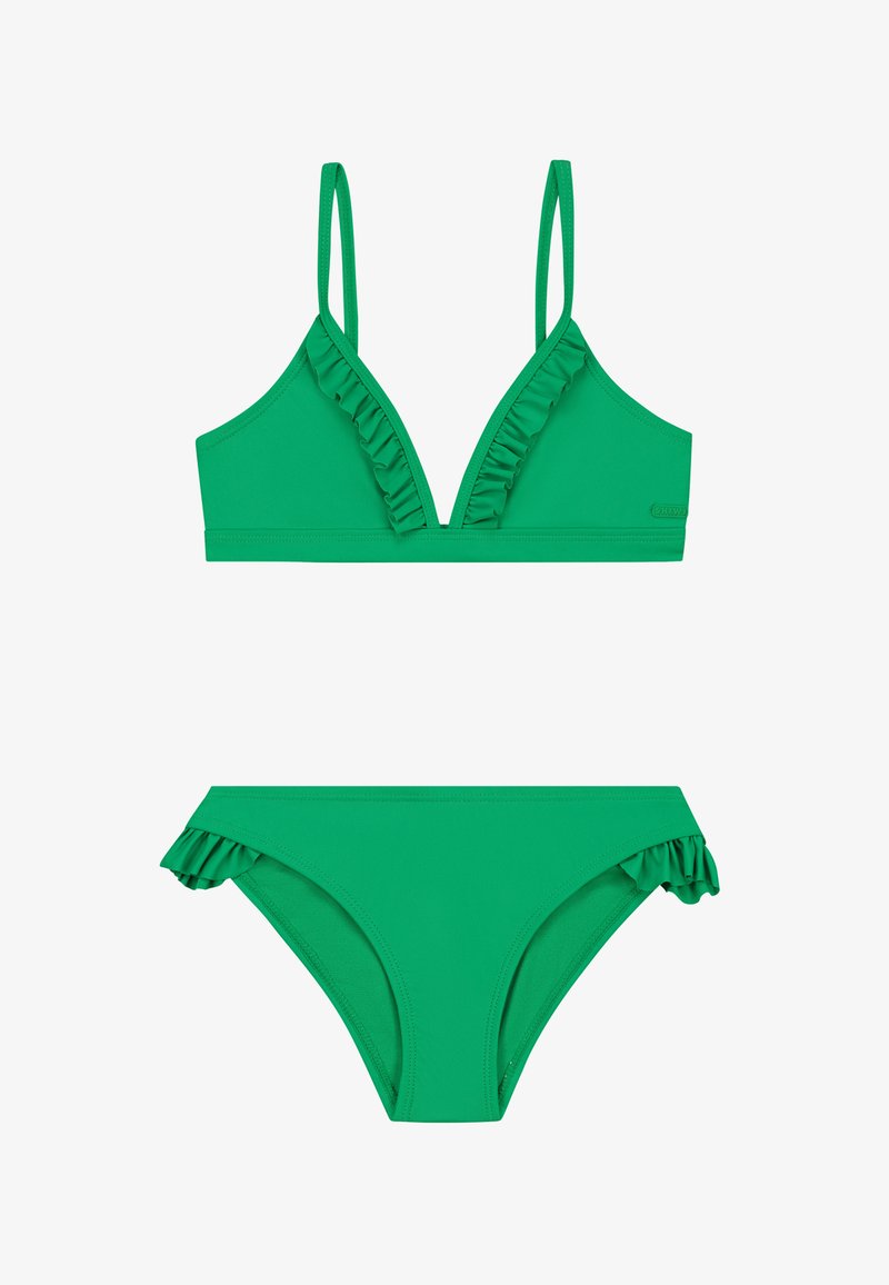 Zöld bikini szett, amelynek háromszög alakú melltartója fodros szélekkel és állítható pántokkal rendelkezik, valamint fodros szélekkel ellátott bikini alsóval párosítva.