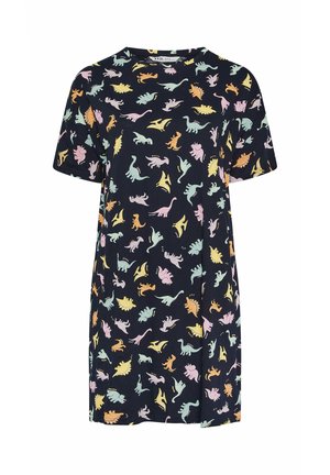 Abito blu navy a maniche corte con stampe colorate pastello di dinosauri, tra cui T-Rex, stegosauro e pterodattilo distribuiti su tutta la superficie.