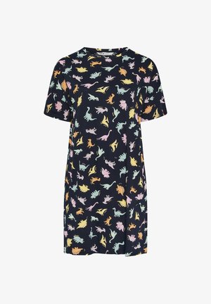 Abito blu navy a maniche corte con stampe colorate pastello di dinosauri, tra cui T-Rex, stegosauro e pterodattilo distribuiti su tutta la superficie.