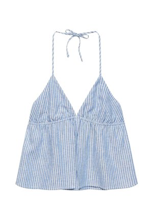 PULL&BEAR, STRIPED LINEN HALTER TOP - HALTER TOP - Blouse - blue
