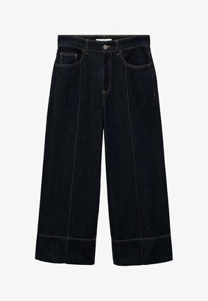 Dark denim wide-leg pants featuring a high waist, two front pockets, and contrasting stitching. Cuffed hem adds a distinct detail.