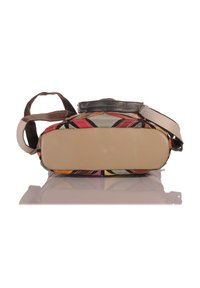 Multicolored rectangular bag with a patterned fabric exterior in shades of red, green, and yellow, featuring a smooth beige base and brown straps.