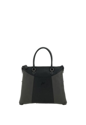 Borsa a mano in pelle nera e grigio scuro con doppi manici, chiusura superiore con zip e logo del marchio discreto al centro del pannello frontale.