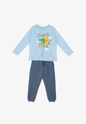 Chemise à manches longues bleue avec un graphique d'hélicoptère et de crocodile ; pantalons de survêtement bleu marine avec une taille élastique et des poignets.