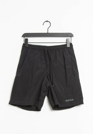 Shorts de sport noirs en tissu léger, dotés d'une taille élastique avec cordon de serrage et poches latérales ; logo Adidas en gris.