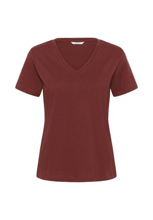 Damen-T-Shirt mit kurzen Ärmeln und V-Ausschnitt in einfarbigem, dunkelrotbraunem Farbton, schlichtes Design mit sichtbarem Markenlabel im Krageninneren.