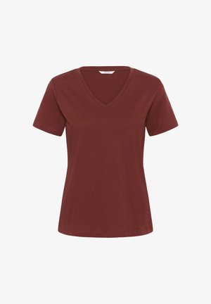 Dames T-shirt met korte mouwen en V-hals in effen donkerroodbruine kleur, eenvoudig ontwerp met zichtbaar merkembleem aan de binnenkant van de kraag.