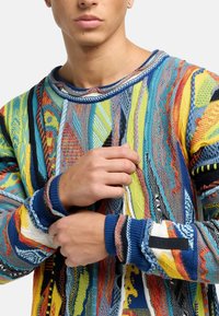 Farverig sweater med et strikket mønster bestående af blå, gul, rød og grønne striber; ribbede manchetter; og en rund hals.