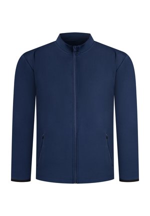 Marineblauwe ritsjas met een staande kraag, twee zijzakken met rits en zwarte accenten op de mouwen. Glad, gestructureerd materiaal.
