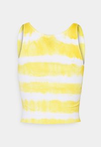 Top sin mangas de tie-dye amarillo y blanco con escote redondo, confeccionado en tela suave. Presenta un diseño ajustado y una textura lisa.